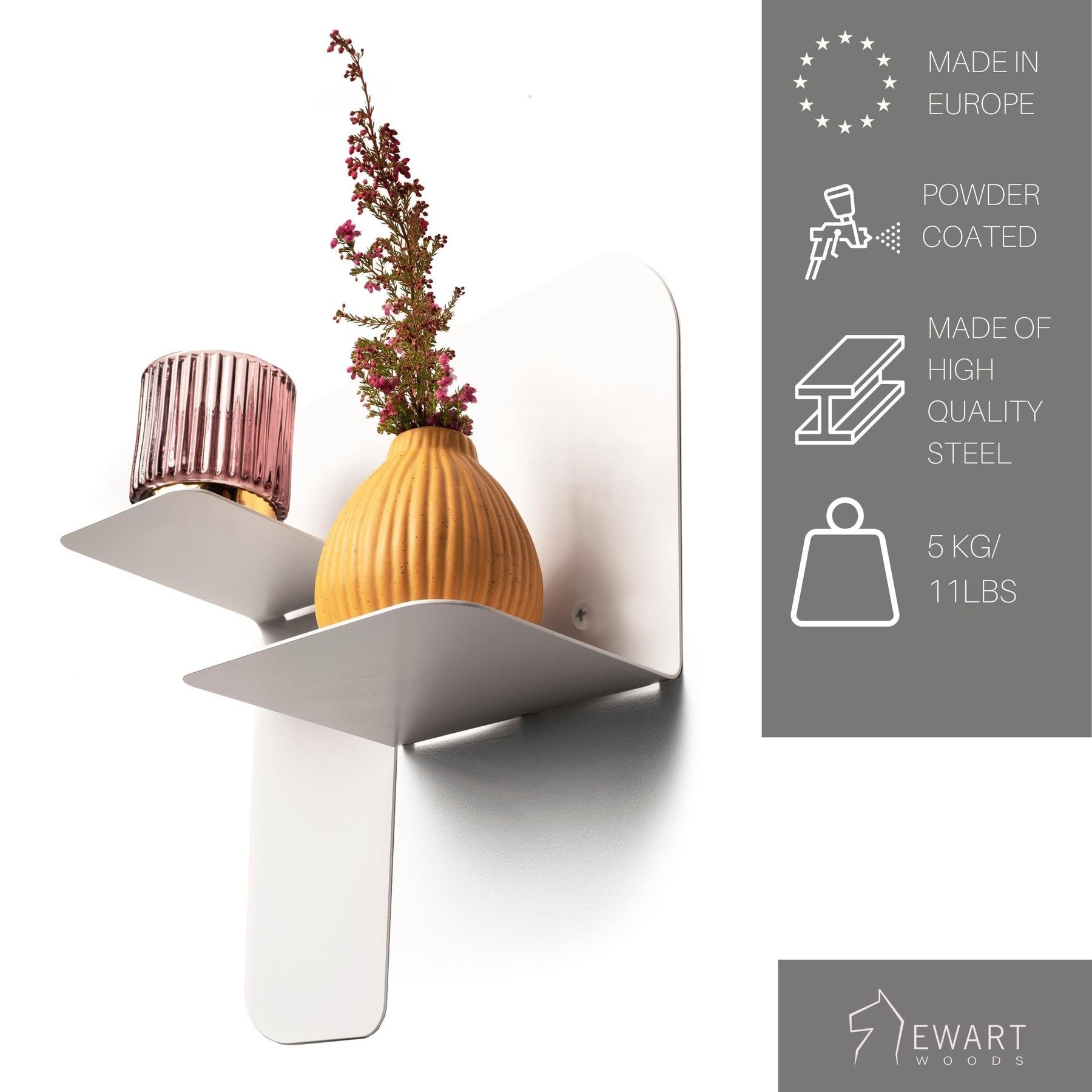 2. White metal floating wall shelf with pink glass and yellow vase, product features listed