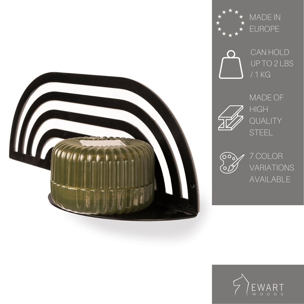 4. Black metal plant shelf with green pot, highlighting features like weight capacity and material