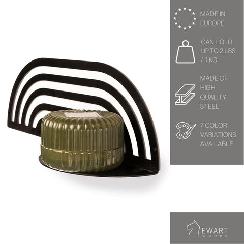 4. Black metal plant shelf with green pot, highlighting features like weight capacity and material
