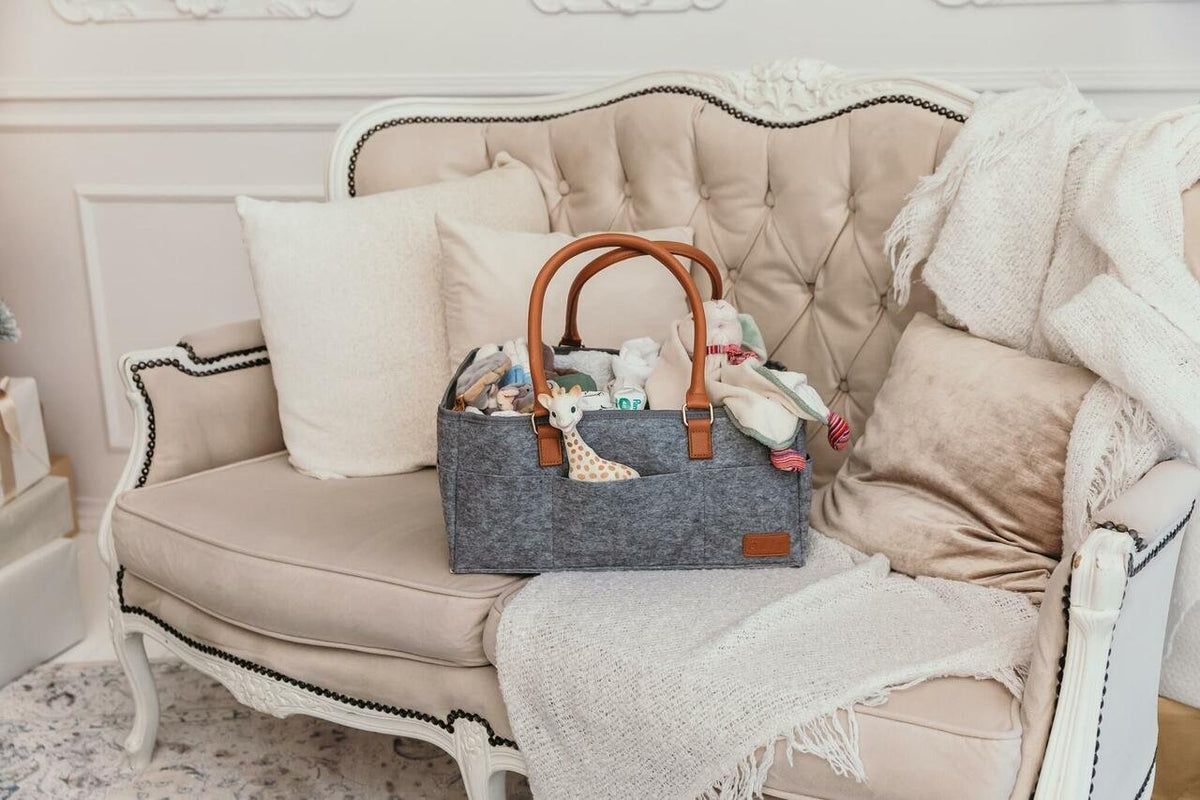 1. Ally Scandic storage basket diaper caddy organizer on elegant sofa, showcasing felt and PU leather design