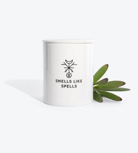 1. Smells Like Spells scented candle THE HIEROPHANT in white porcelain container with plant accent