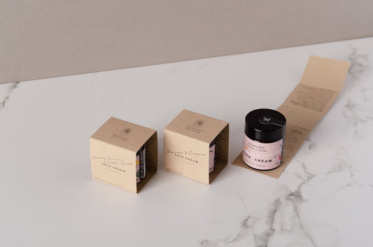 1. BONOBO Chamomile & Lady’s Bedstraw Face Cream in eco-friendly packaging, shown on a marble surface