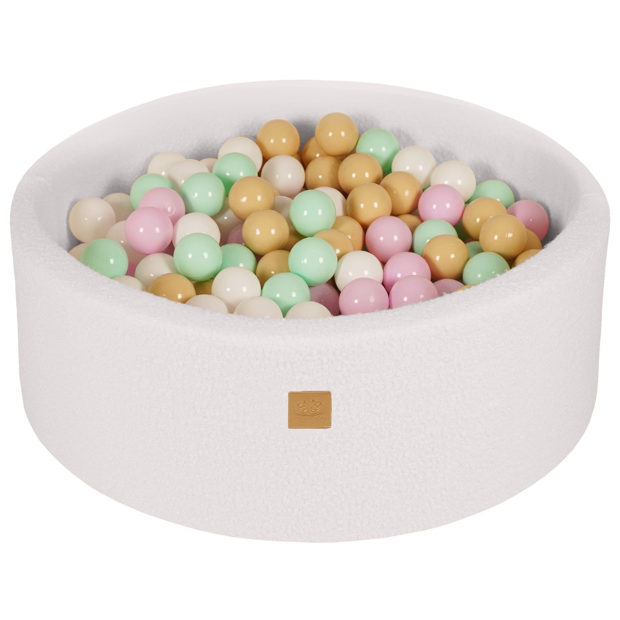 1. Round white boucle ball pit filled with pastel pink, mint, white, and beige balls, designed for children, highlighting soft hypoallergenic foam and zippered cover by MeowBaby.