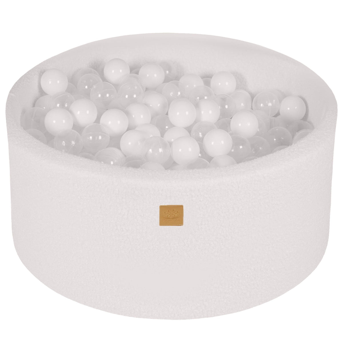 1. White boucle round ball pit filled with 300 white and transparent balls, featuring soft hypoallergenic foam and zippered cover, ideal for children's sensory play and motor skill development.