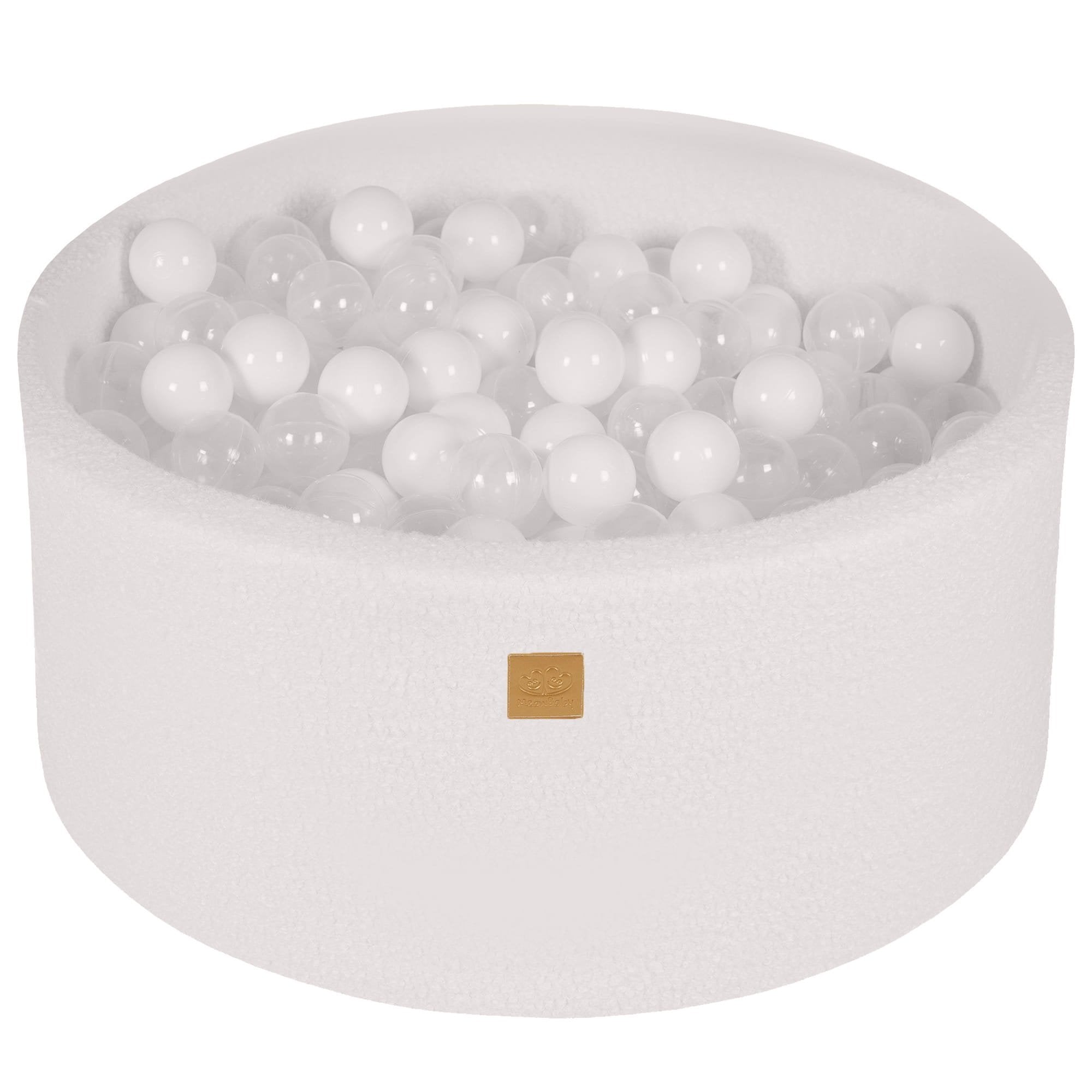 1. White boucle round ball pit filled with 300 white and transparent balls, featuring soft hypoallergenic foam and zippered cover, ideal for children's sensory play and motor skill development.