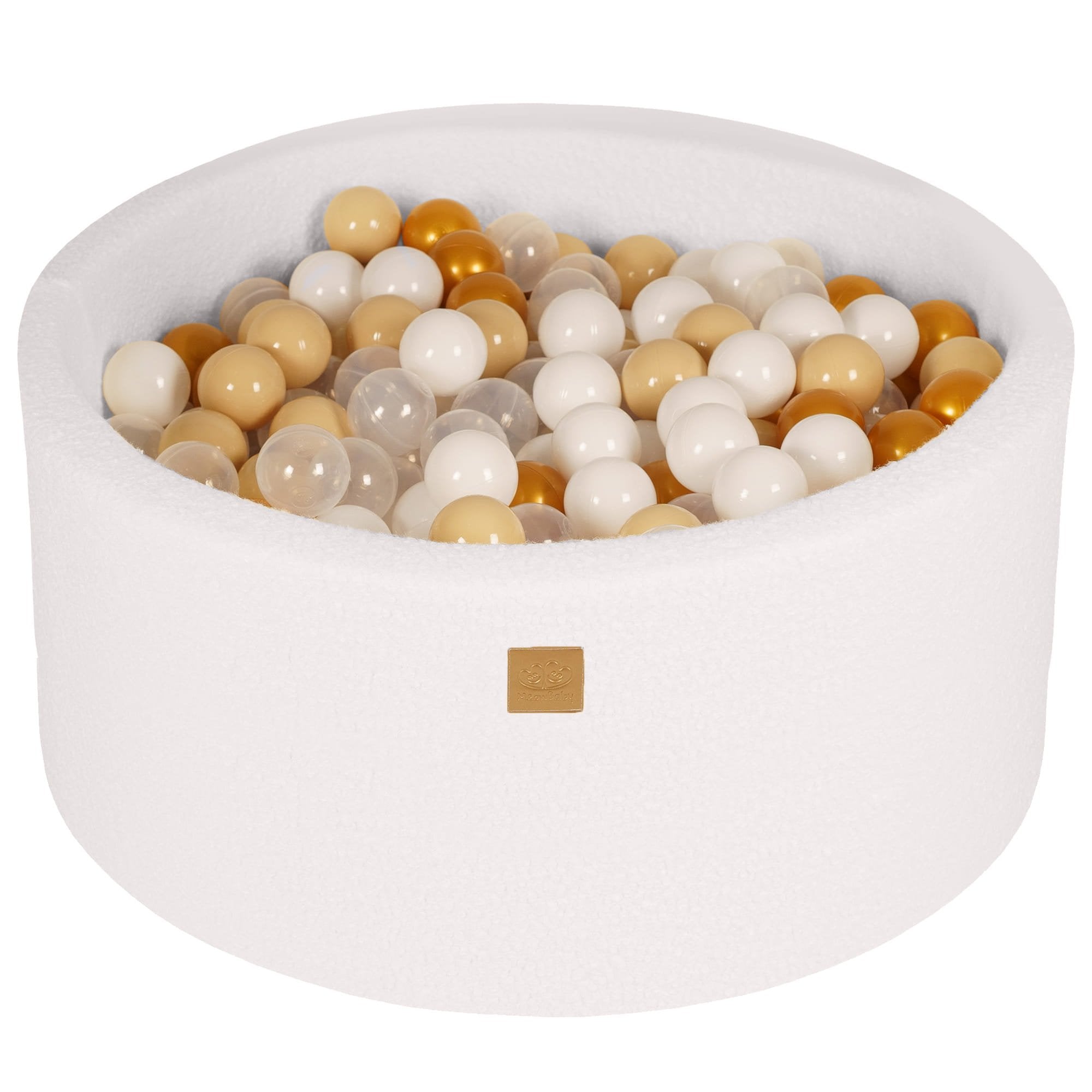 1. Round white boucle ball pit filled with 300 gold, beige, white, and transparent balls, designed for children, made from soft hypoallergenic foam, featuring a zippered cover, by MeowBaby.