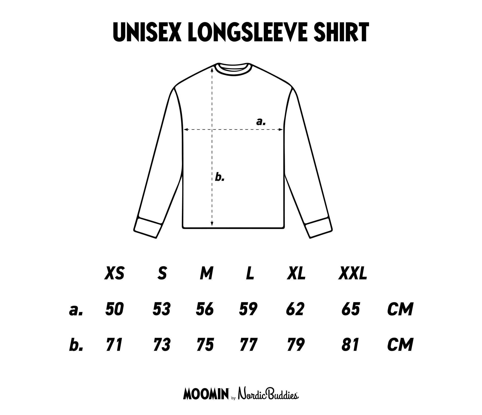 3. Size chart for Moomin unisex longsleeve shirt, displaying measurements in centimeters for sizes XS to XXL