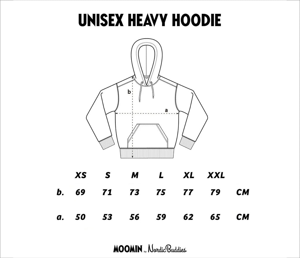 8. Size chart for Moomin by NordicBuddies unisex hoodie, showing XS–XXL in cm