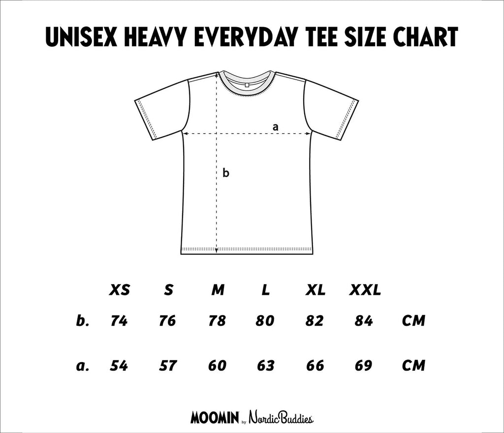10. Size chart for unisex heavy everyday tee by Moomin, showing XS–XXL in cm