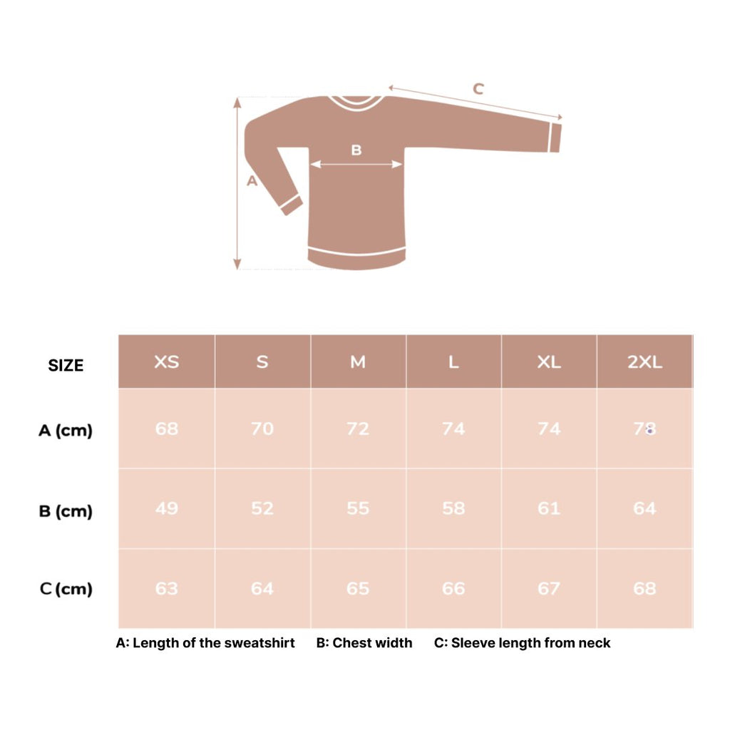 6. Size chart for Beebila unisex sweatshirt, showing measurements for XS to XXL