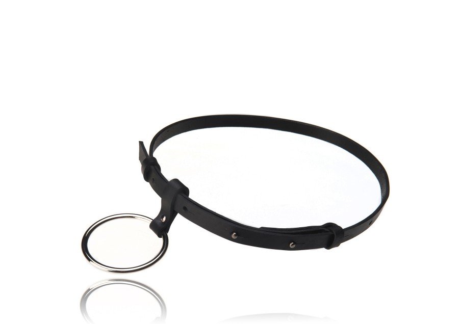 2. Black leather belt with metal O ring by PYKOK, shown in studio setting