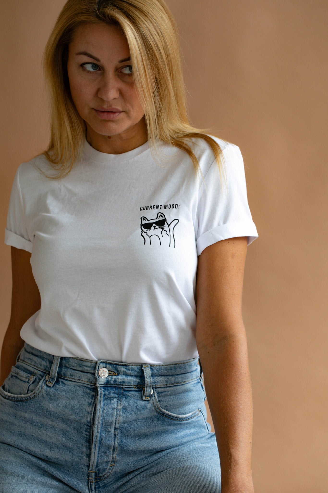 2. Size chart for women's Current Mood T-Shirt by Black Giraffe Brand, showing XS to XL measurements