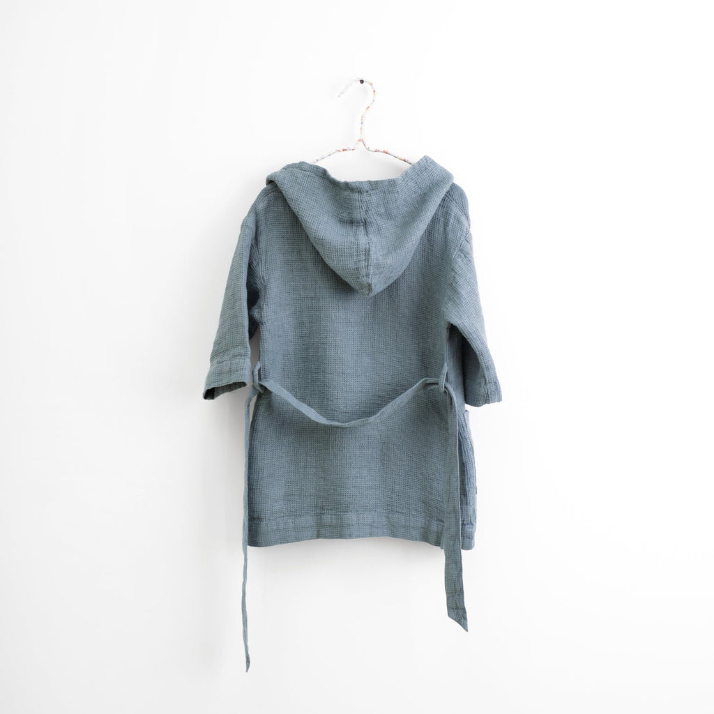 3. Back view of kids' blue fog linen bathrobe with hood on white background