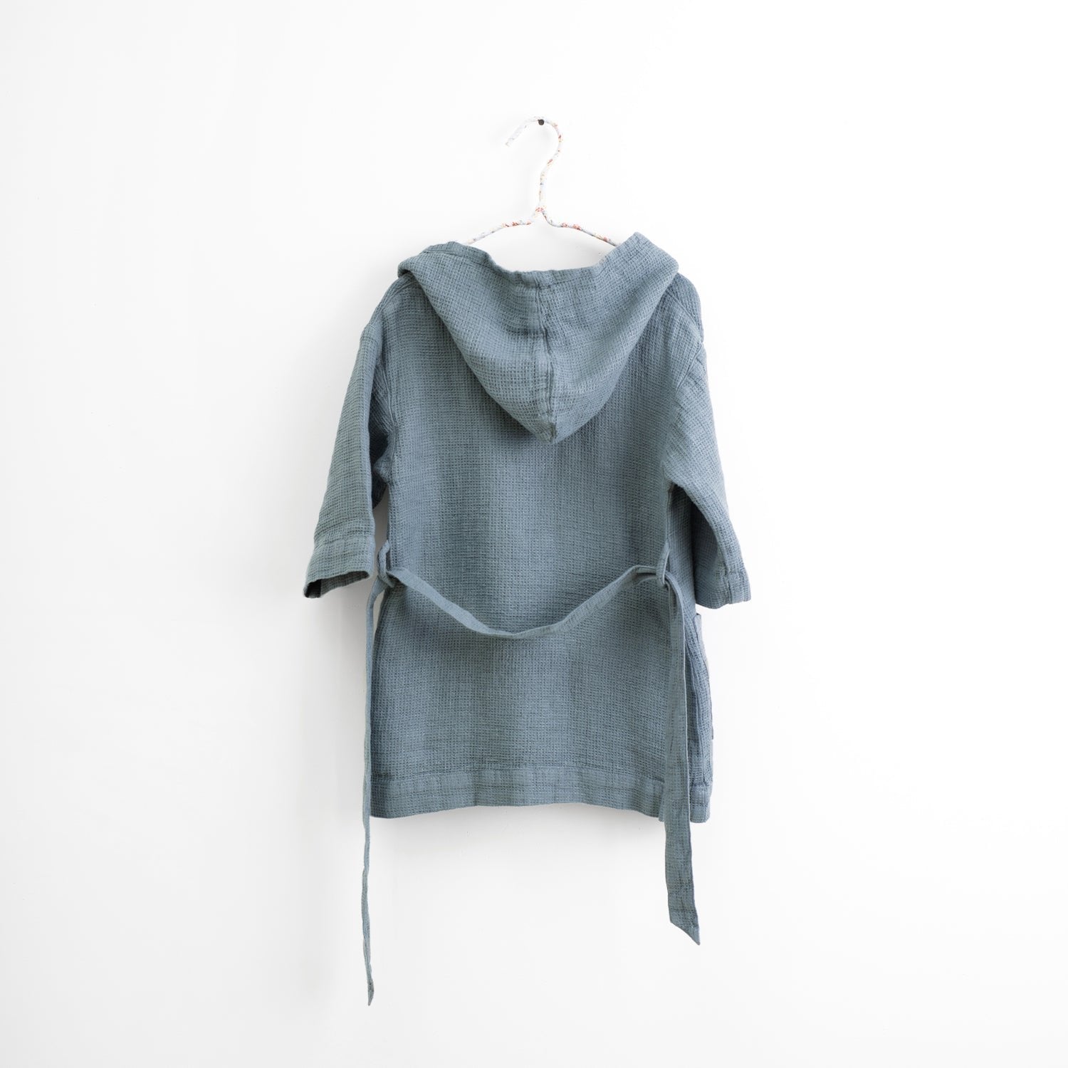 3. Back view of kids' blue fog linen bathrobe with hood on white background