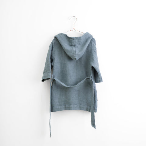 3. Back view of kids' blue fog linen bathrobe with hood on white background