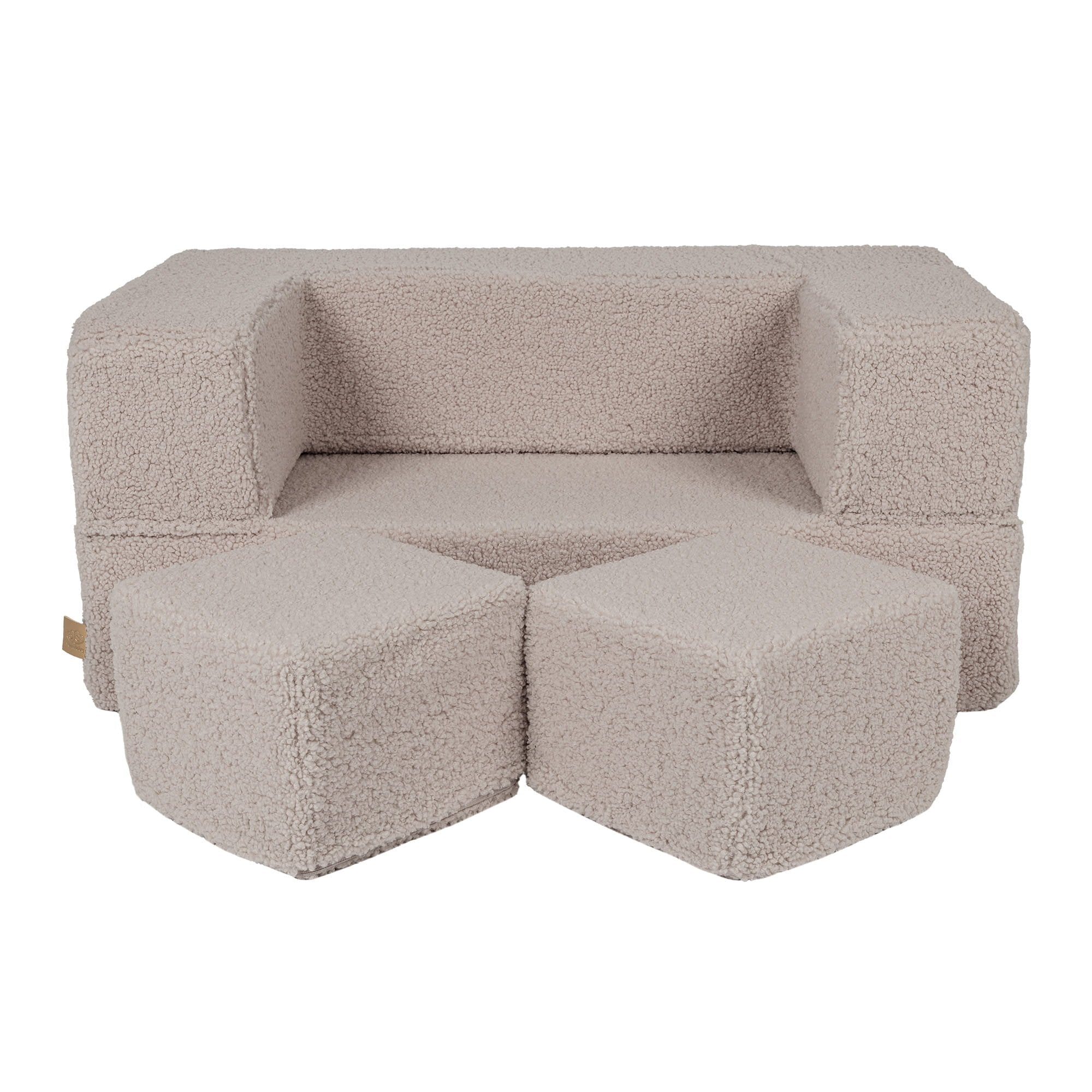 1. Light grey MeowBaby children's sofa with two matching poufs on a white background
