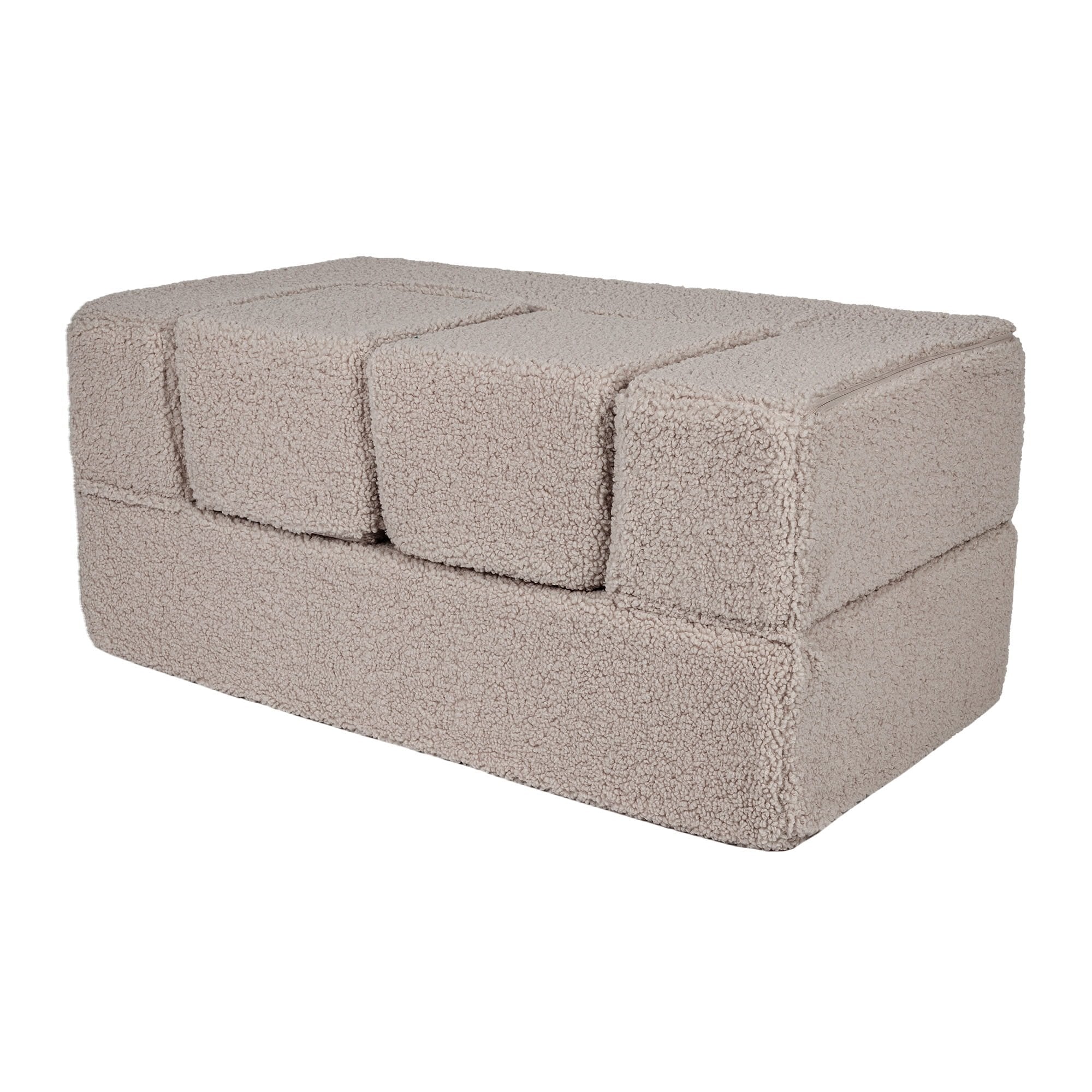 4. Folded light grey MeowBaby children's sofa with poufs stored on top on a white background