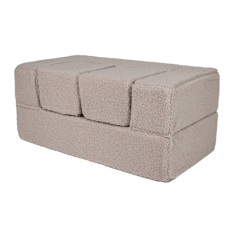 4. Folded light grey MeowBaby children's sofa with poufs stored on top on a white background
