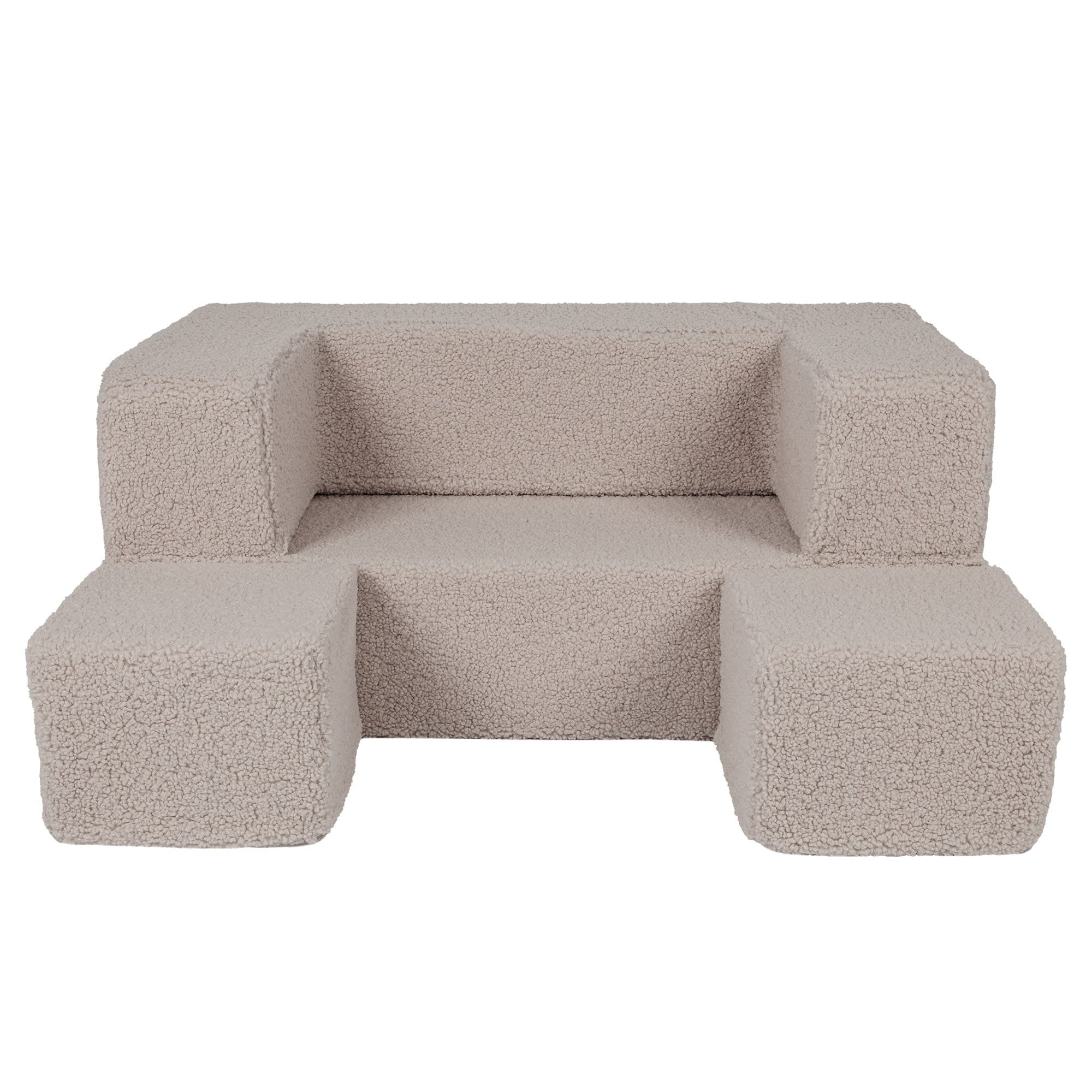2. Light grey MeowBaby children's sofa with poufs arranged in front on a white background