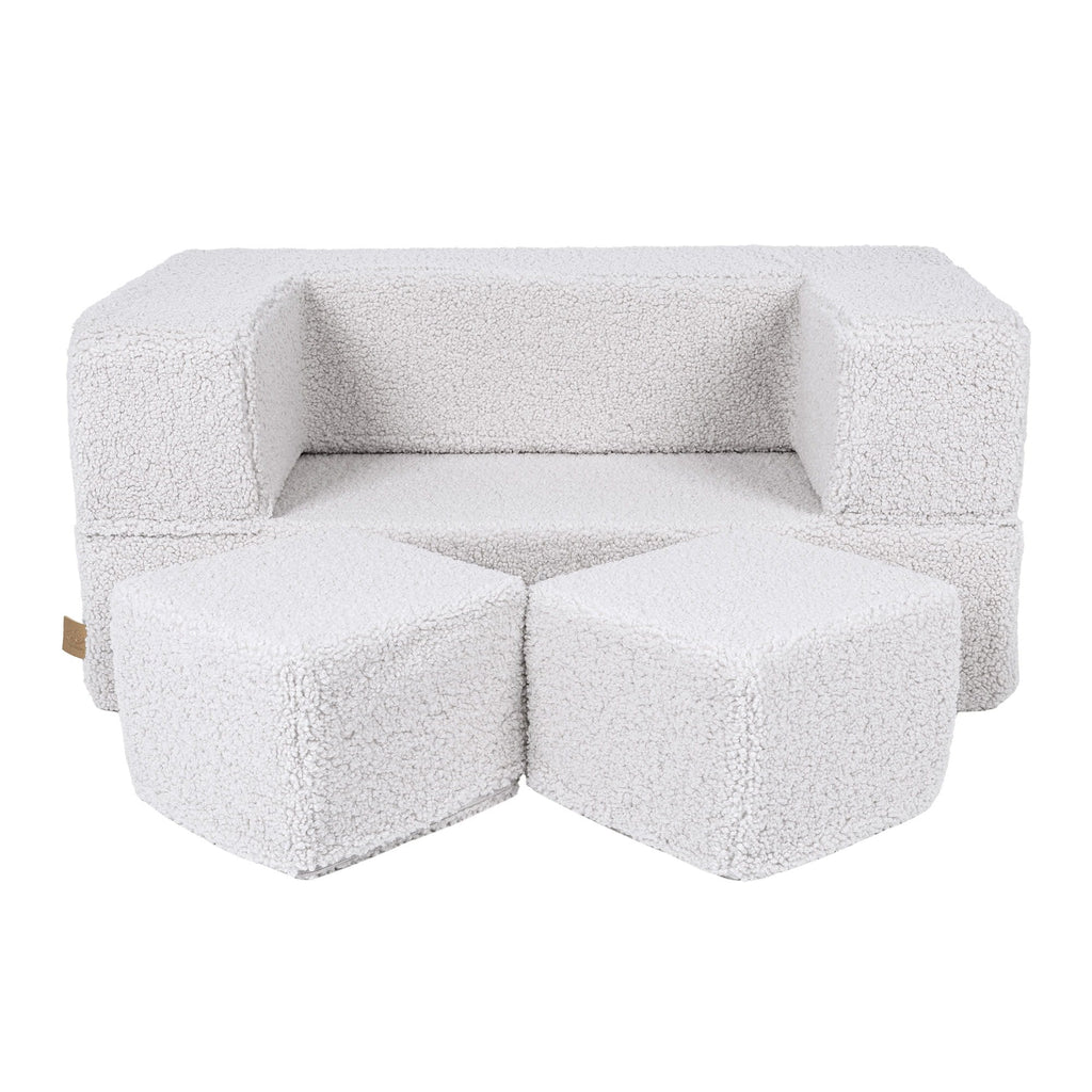 1. MeowBaby children's white foam sofa with two cube poufs on a clean background