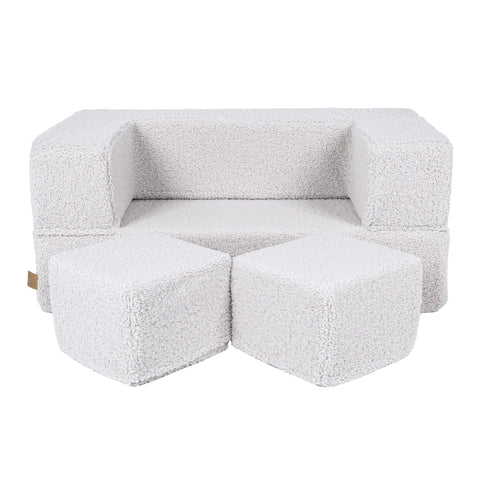 1. MeowBaby children's white foam sofa with two cube poufs on a clean background