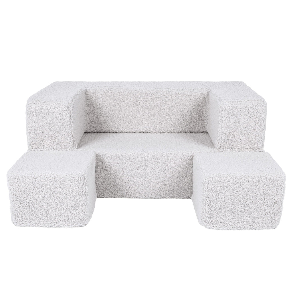 2. MeowBaby children's white foam sofa with poufs arranged in front on a clean background