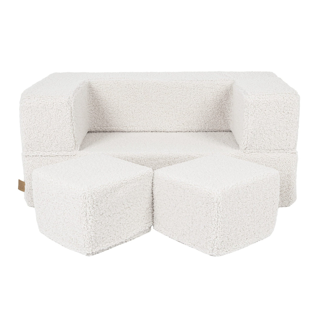 1. Cream MeowBaby children's sofa with two matching poufs on a white background