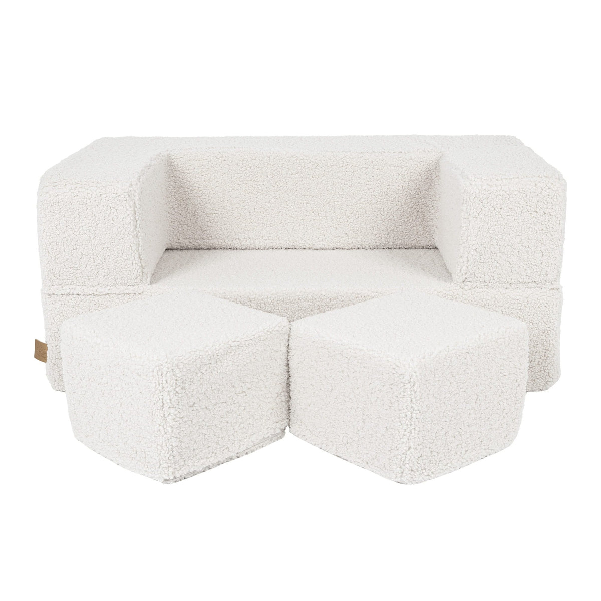 1. Cream MeowBaby children's sofa with two matching poufs on a white background