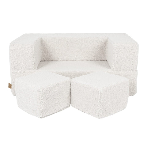 1. Cream MeowBaby children's sofa with two matching poufs on a white background