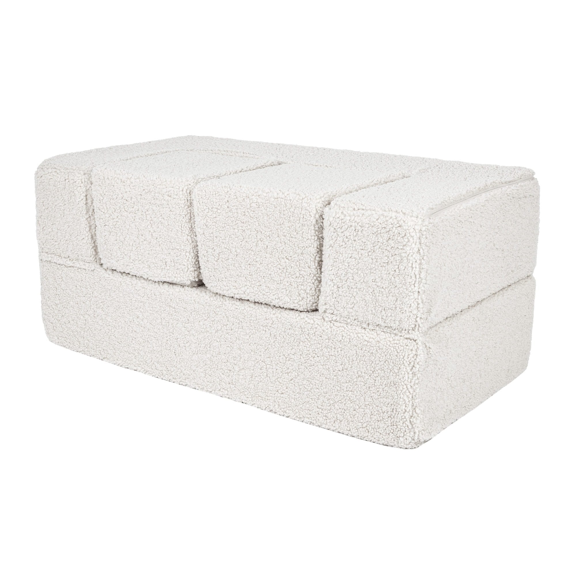7. Cream MeowBaby children's sofa folded with poufs stacked on top on a white background