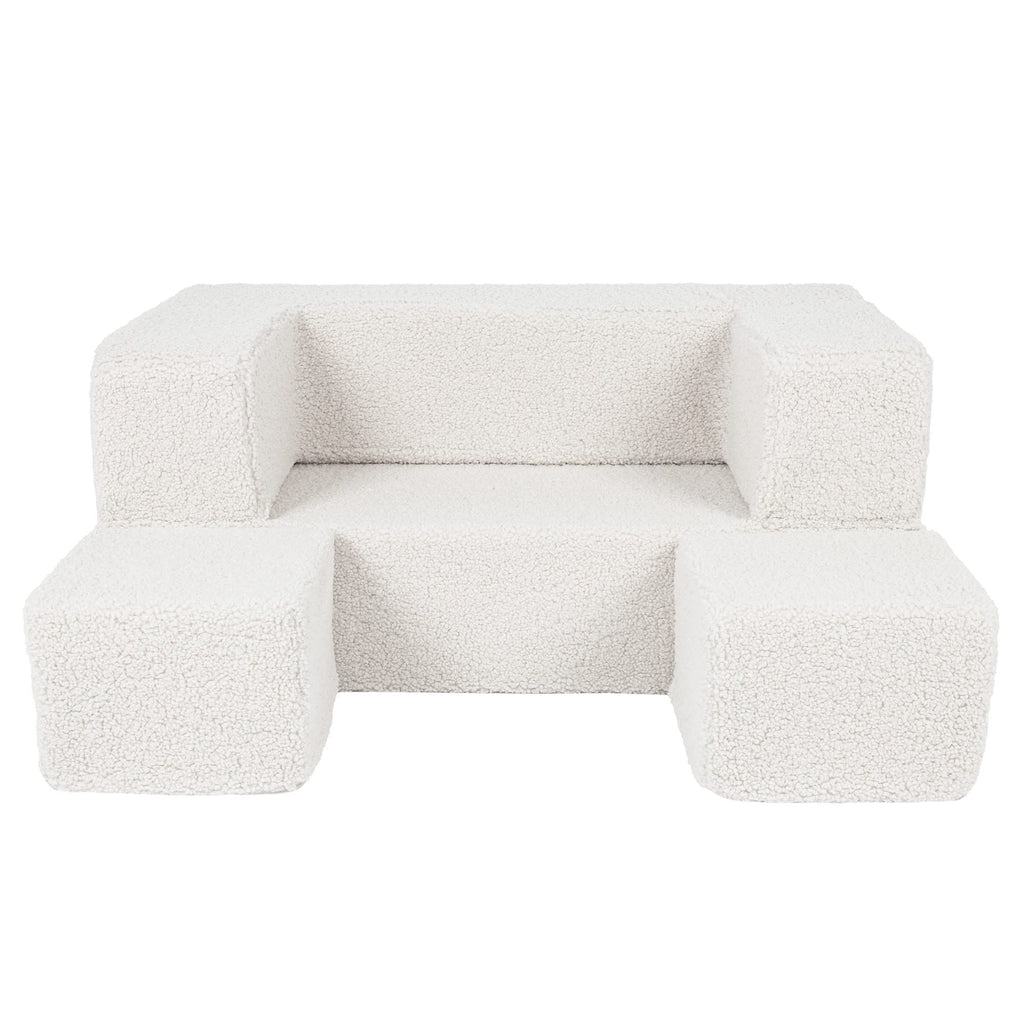 2. Cream MeowBaby children's sofa with poufs arranged in front on a white background