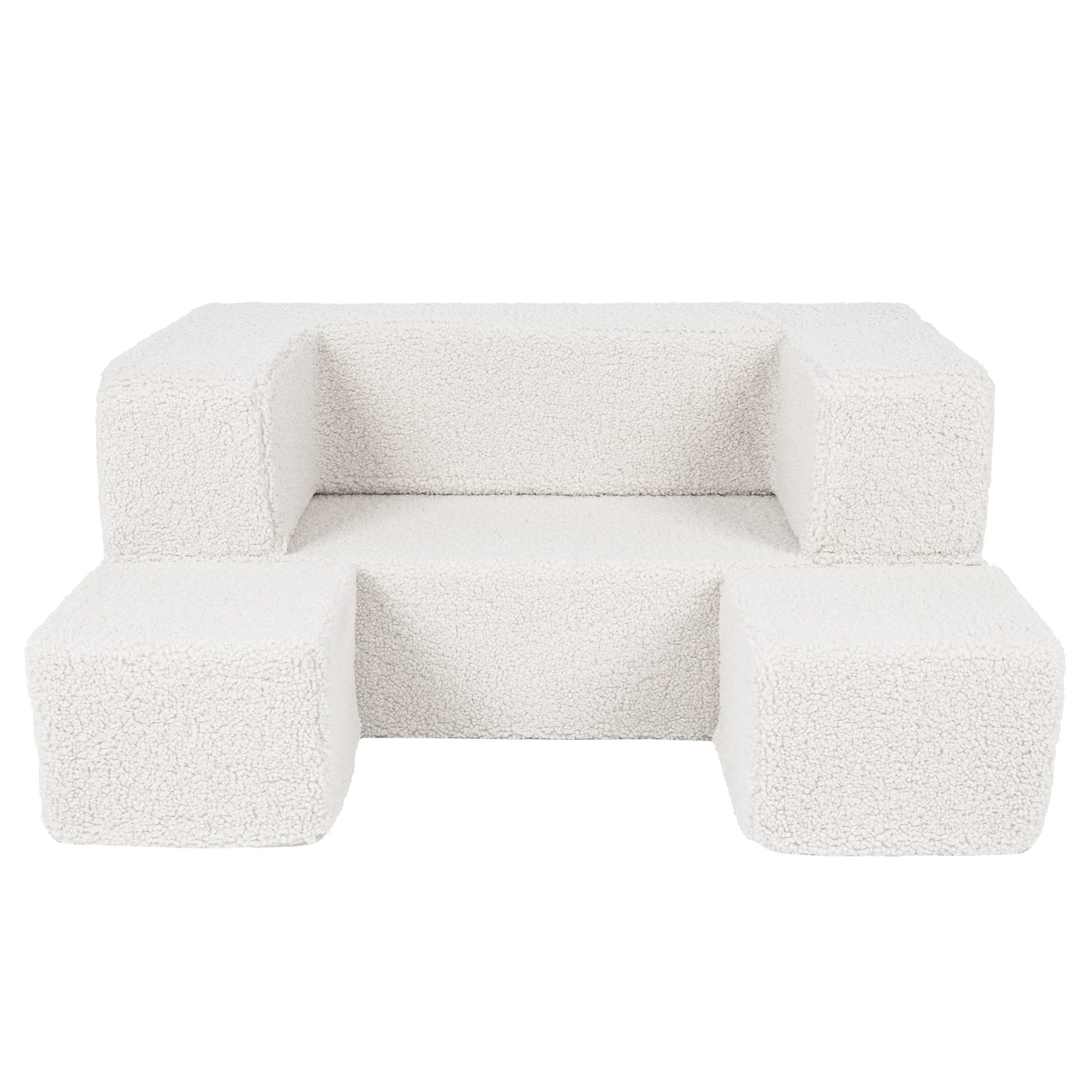 2. Cream MeowBaby children's sofa with poufs arranged in front on a white background