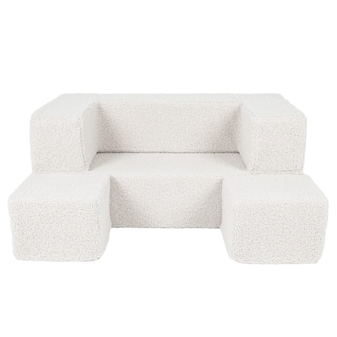 2. Cream MeowBaby children's sofa with poufs arranged in front on a white background