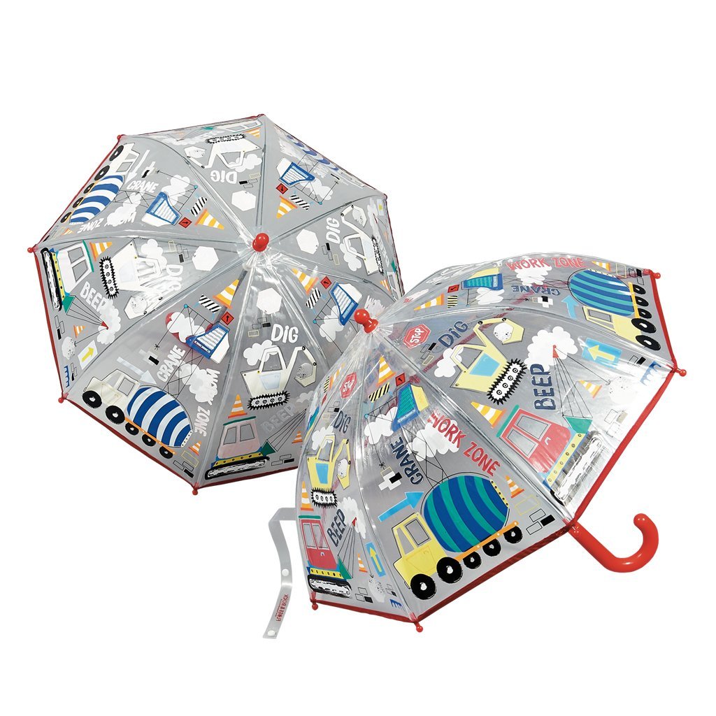 1. Transparent color-changing children's umbrella with construction site motifs, featuring trucks and cranes, red handle, and Velcro fastener, designed by Floss & Rock.