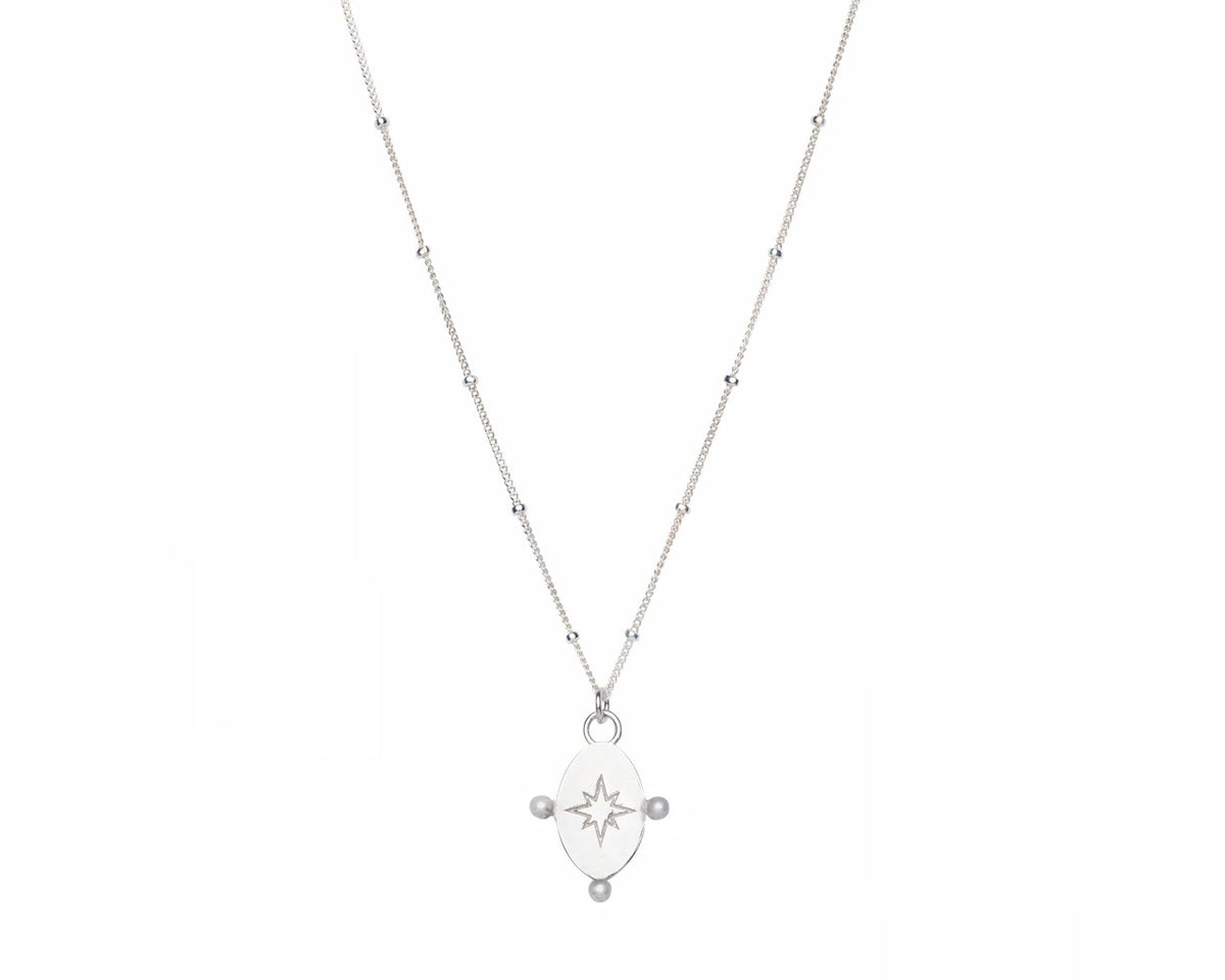 3. Studio image of Morning Star Necklace in silver with Satellite Ball chain by New Vintage by Kriss