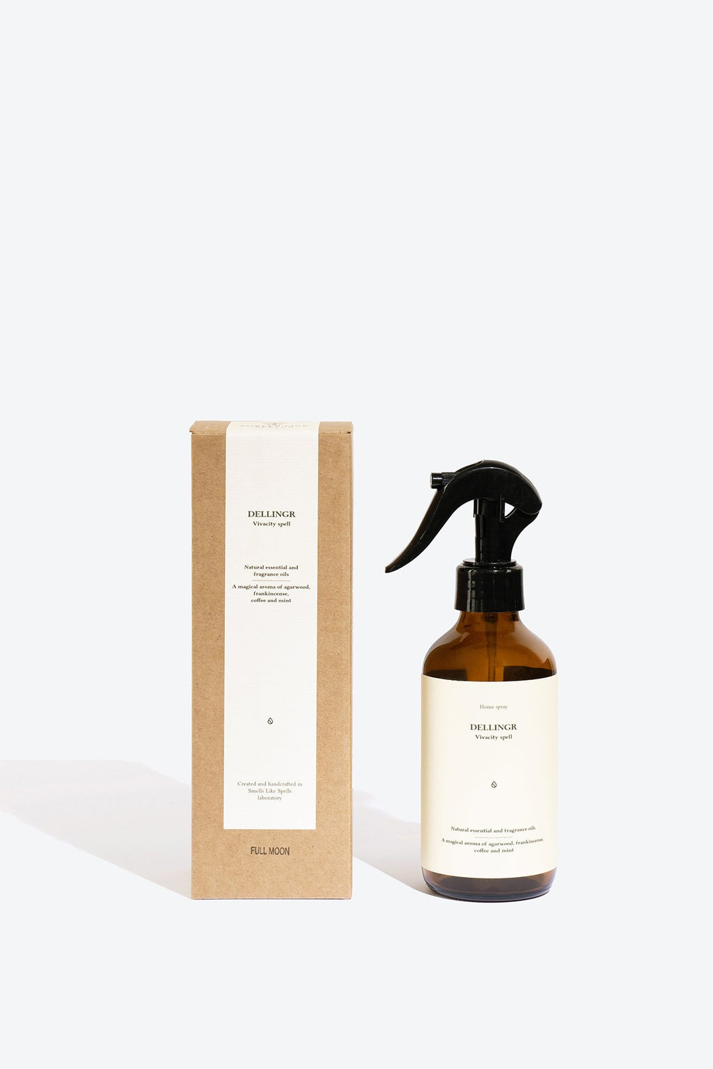2. Smells Like Spells DELLINGR home spray with packaging, showcasing recyclable design, studio setting
