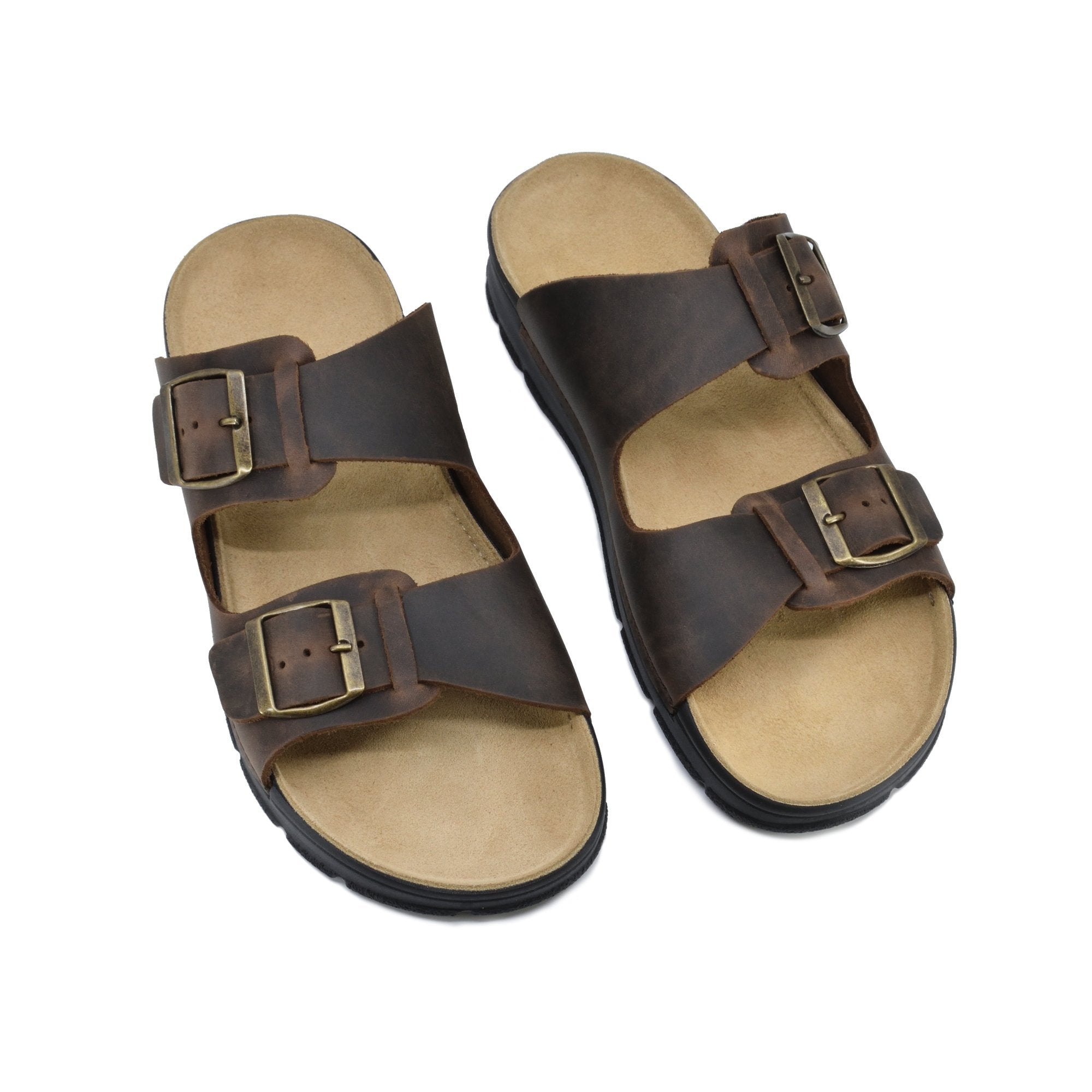 2. Top view of Omaking Märt v2 dark brown leather sandals with two adjustable buckles, studio shot