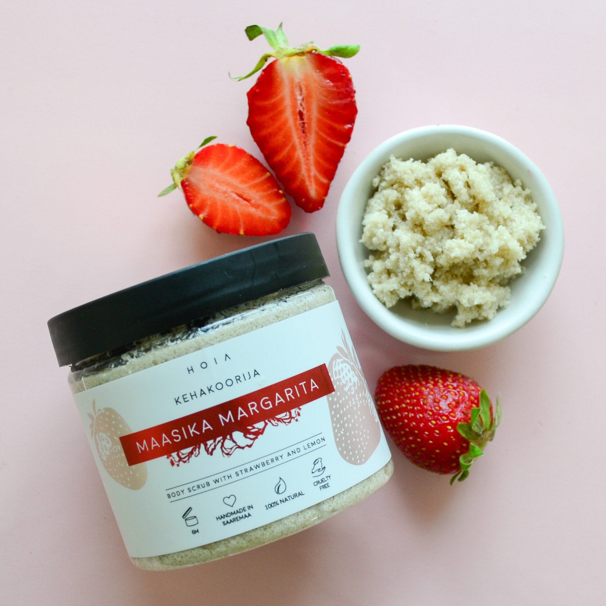 2. HOIA homespa body scrubs, Strawberry Margarita and Virgin Mojito, styled with fresh strawberries and limes