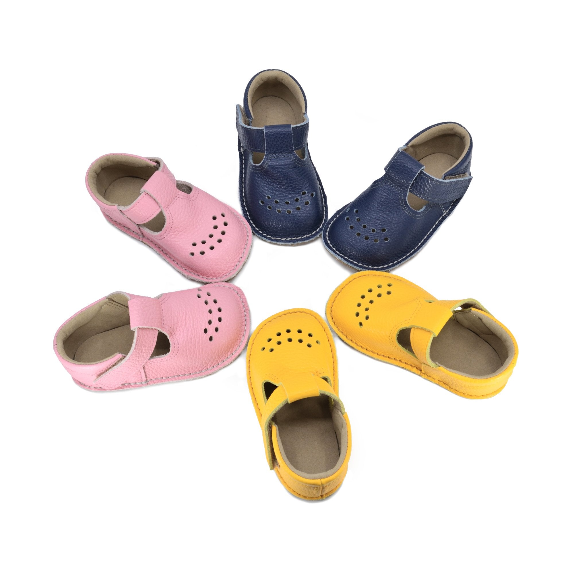 1. Omaking Lusti leather kids' shoes in pink, blue, and yellow, showcasing breathable design and Velcro fastener