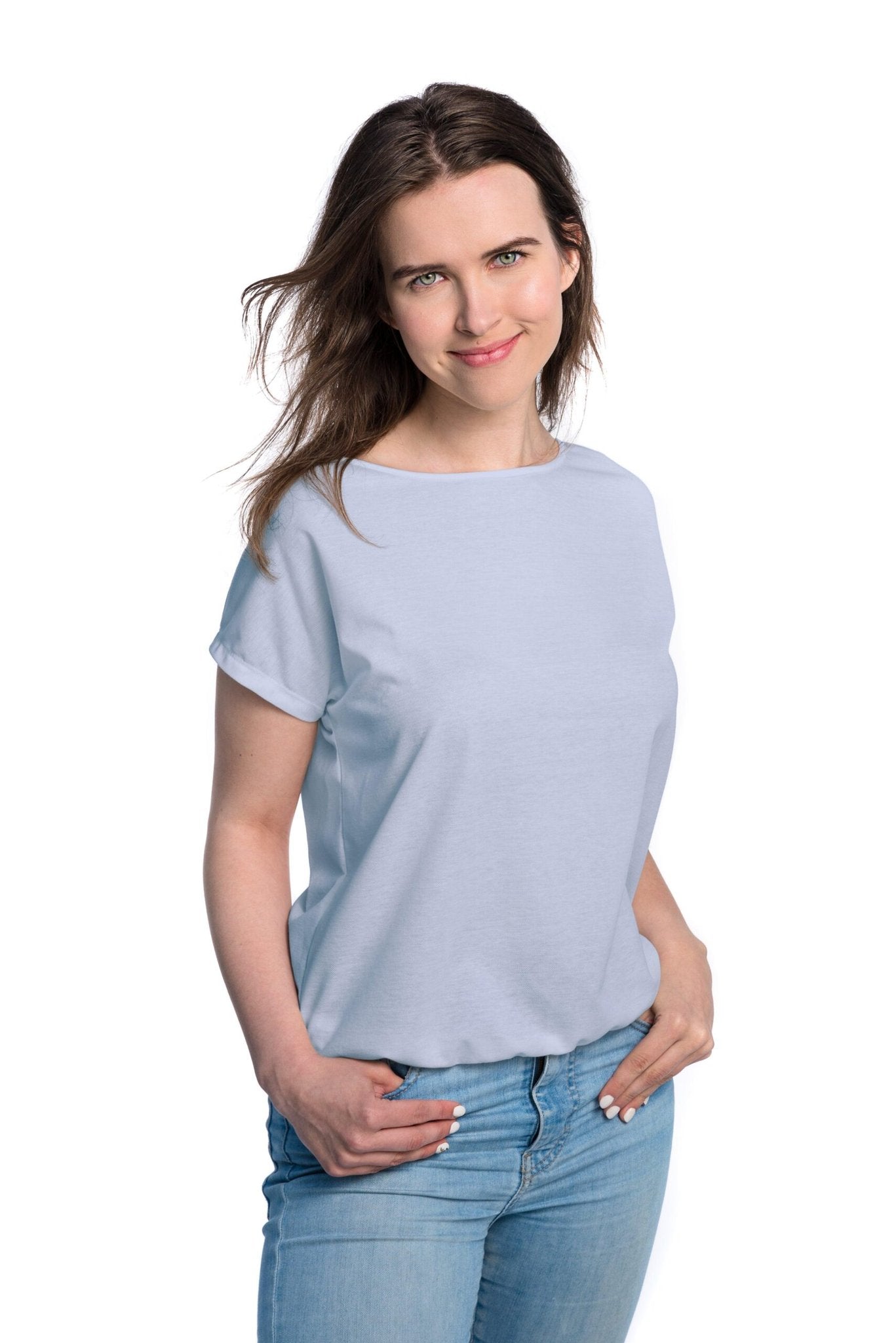 1. Women's light blue tan-through t-shirt by Smarttan, shown in studio setting