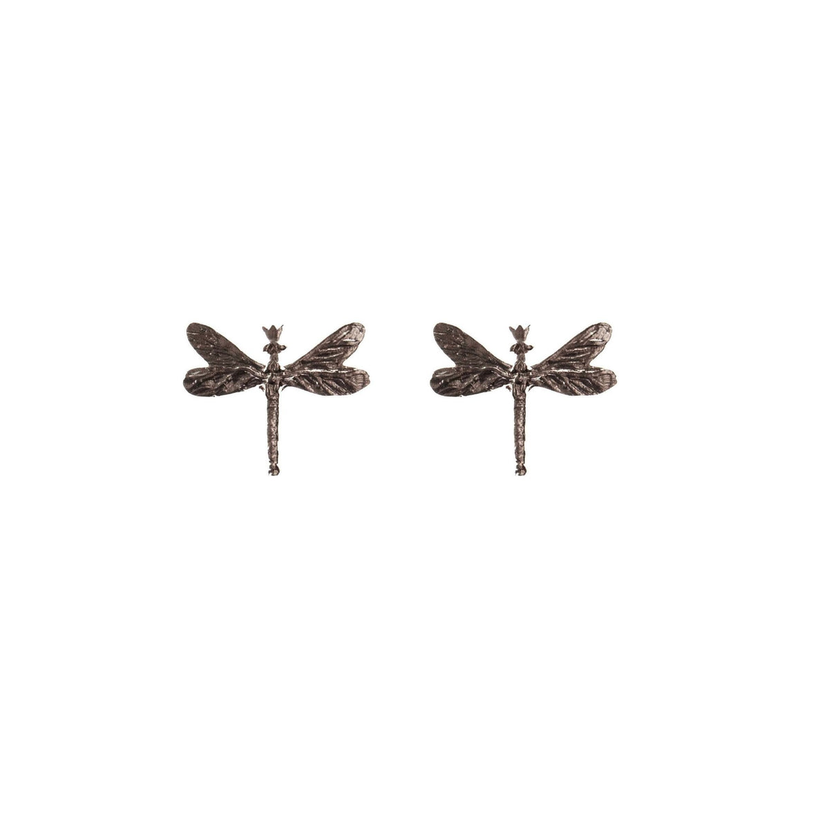 2. Pair of Tanel Veenre Dark Dragonfly earrings in rhodium-plated silver with detailed wings on white background