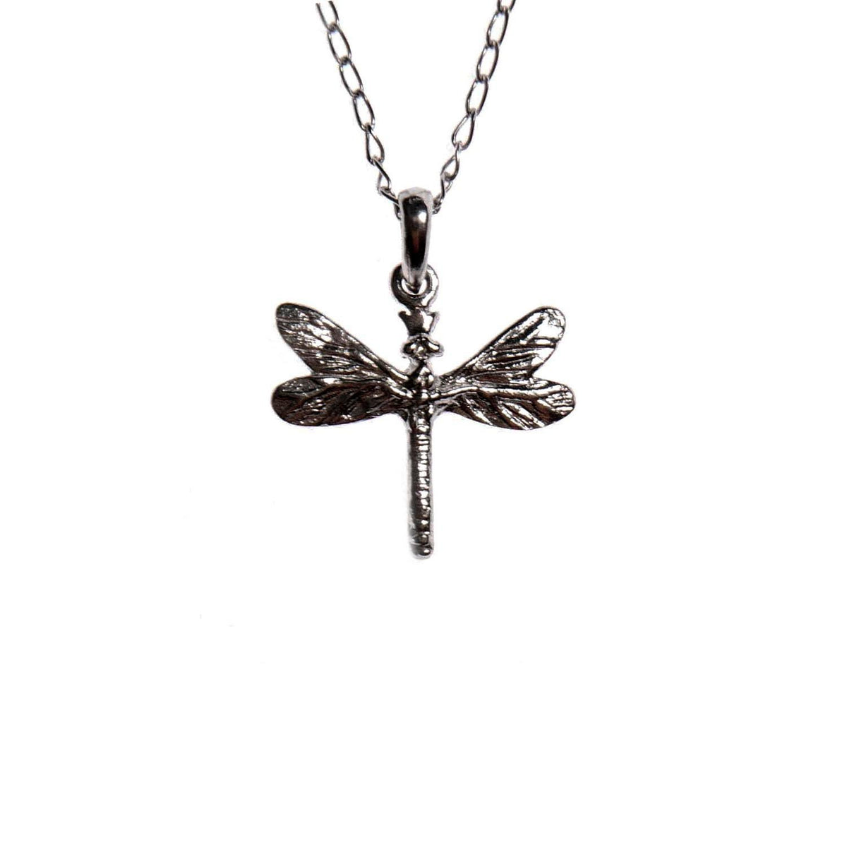 2. Silver dragonfly pendant on chain, rhodium-plated, shown on white background highlighting intricate wing details
