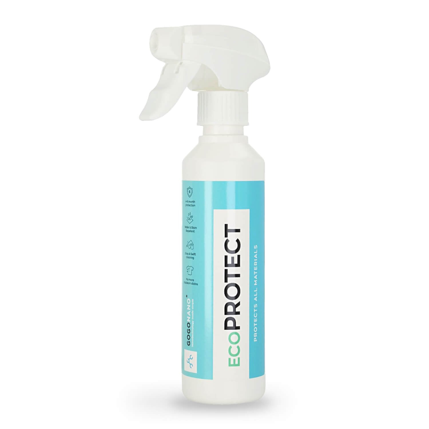 2. GoGoNano EcoProtect leather and fabric waterproofing spray bottle, 250ml, shown in studio setting