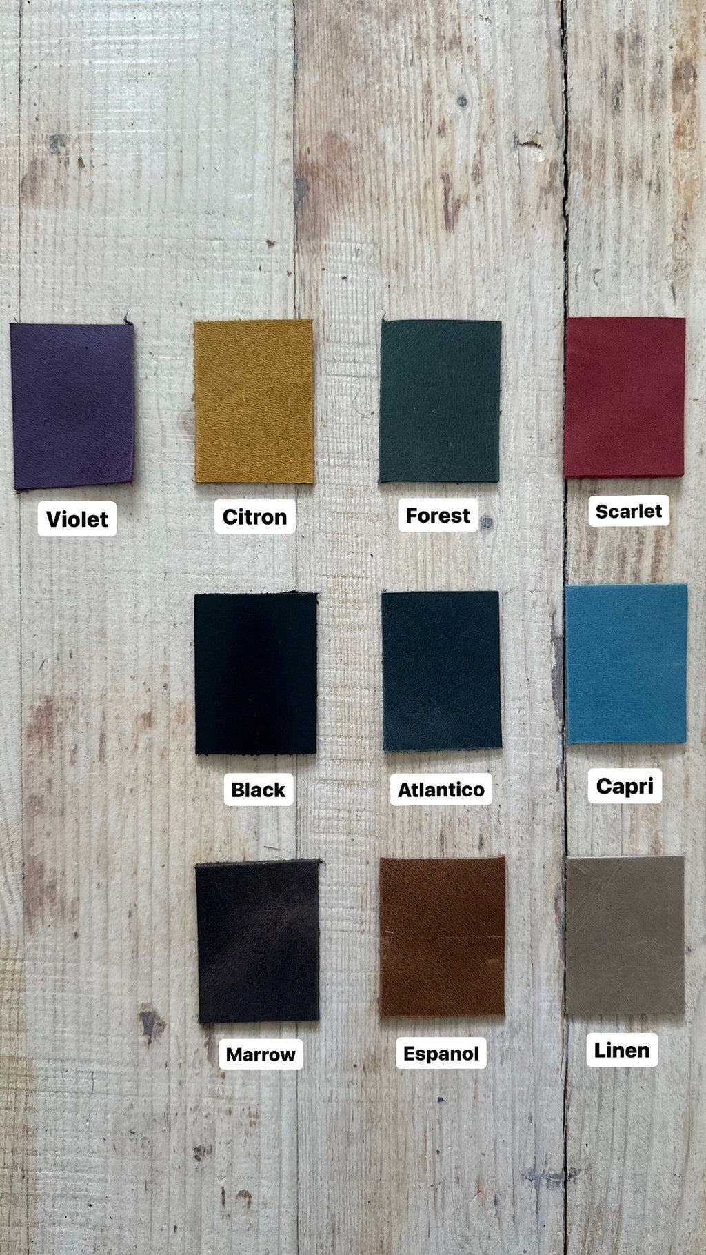 7. Color swatches for KOKUKA crossbody leather bag by eleriinseim, showing various available colors