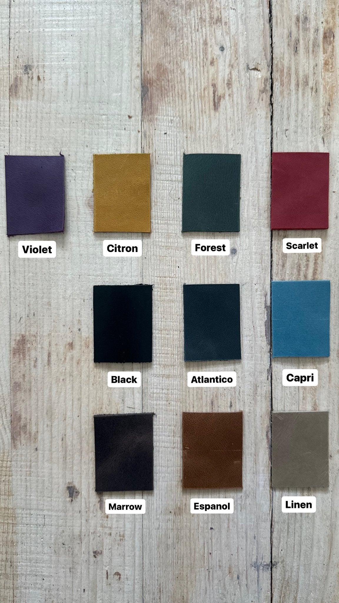 7. Color swatches for KOKUKA crossbody leather bag by eleriinseim, showing various available colors