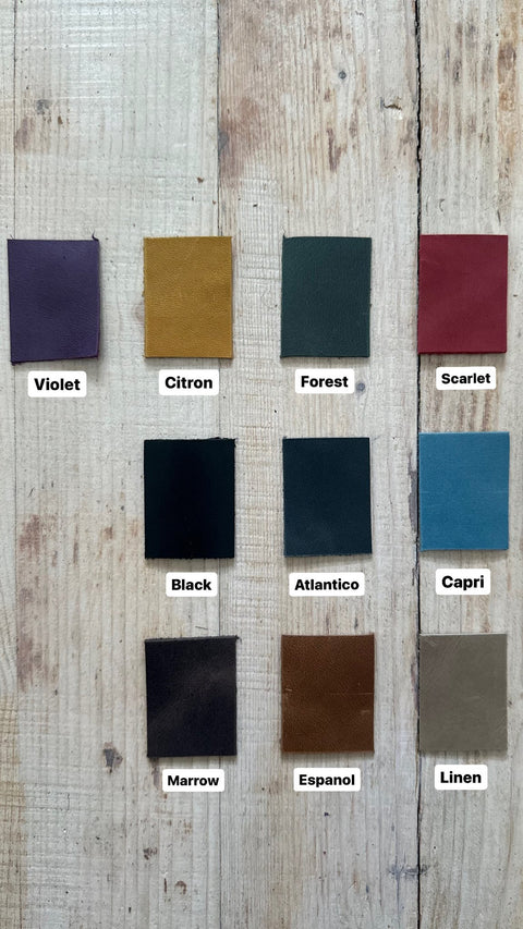 5. Color swatches for eleriinseim TOURIST crossbody leather bag, showing options like Violet, Citron, Forest, and Capri