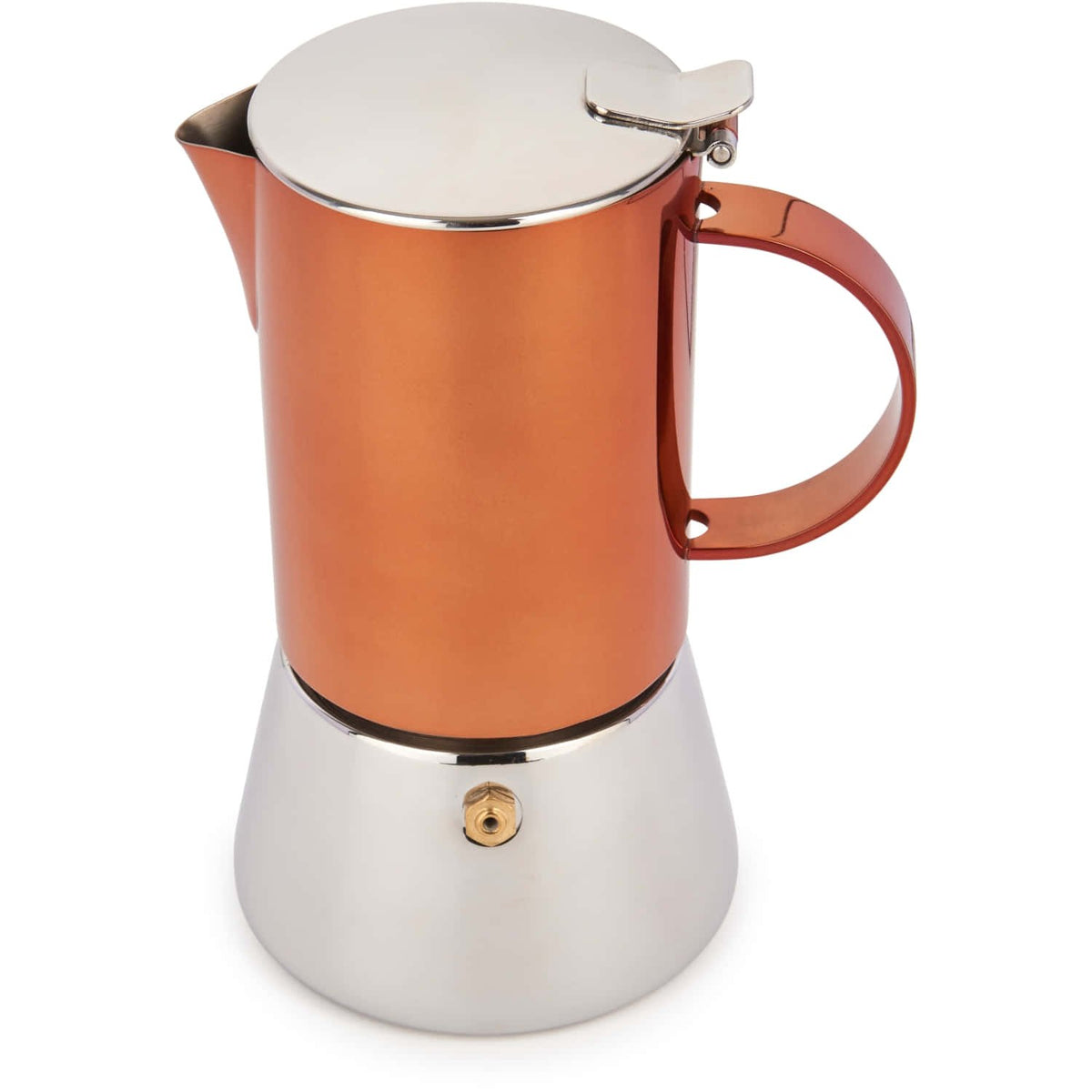 4. La Cafetière copper and silver stainless steel stovetop coffee maker with closed lid on white background