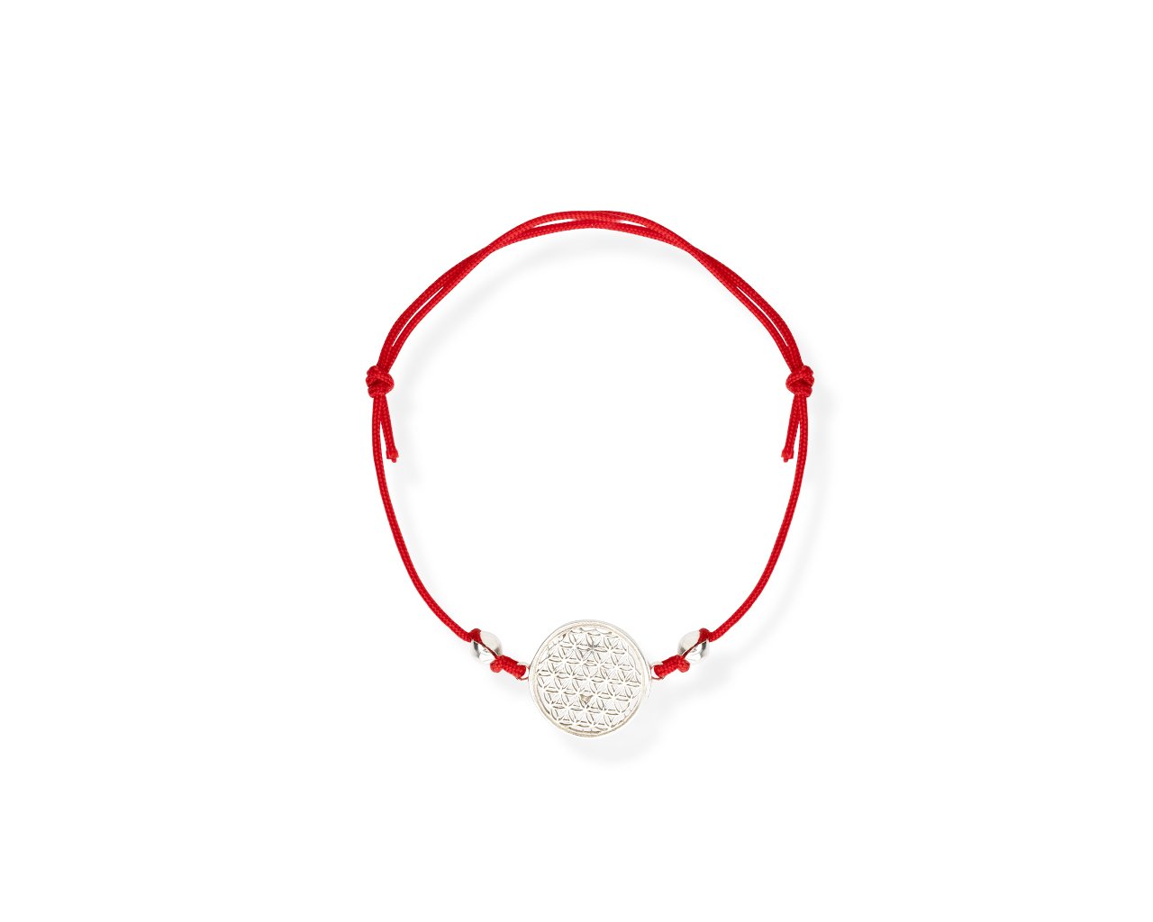 2. Studio image of New Vintage by Kriss Flower Of Life Bracelet with red cord and silver charm, showcasing intricate design