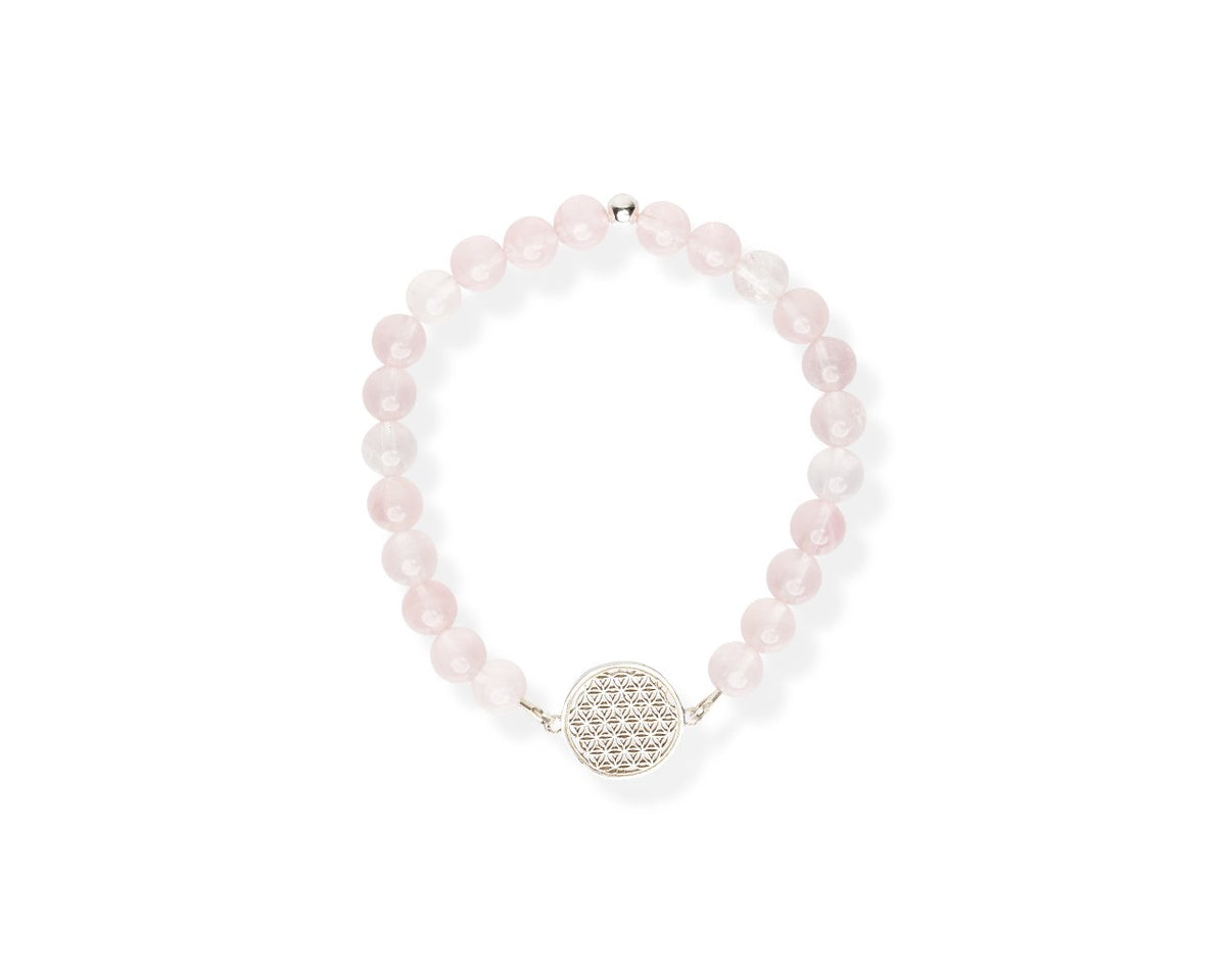 2. Studio image of New Vintage by Kriss Flower Of Life Bracelet with rose quartz beads and silver pendant