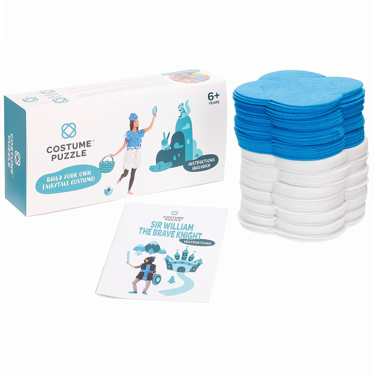 4. Costume Puzzle box with blue and white felt pieces and instruction booklet for Sir William the Brave Knight